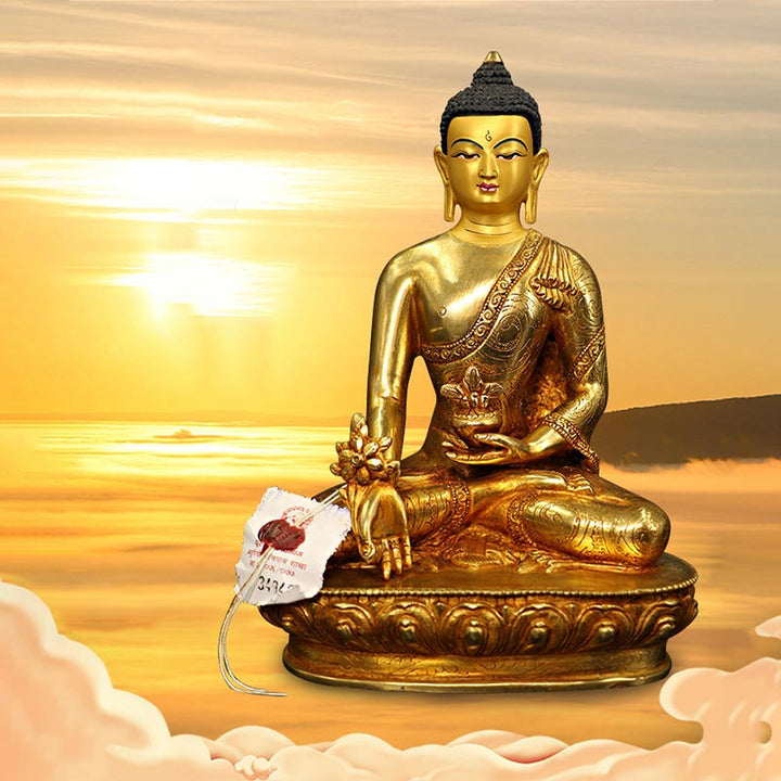 Estatua decorativa chapada en oro y cobre de la compasión del Buda de la medicina Shakyamuni