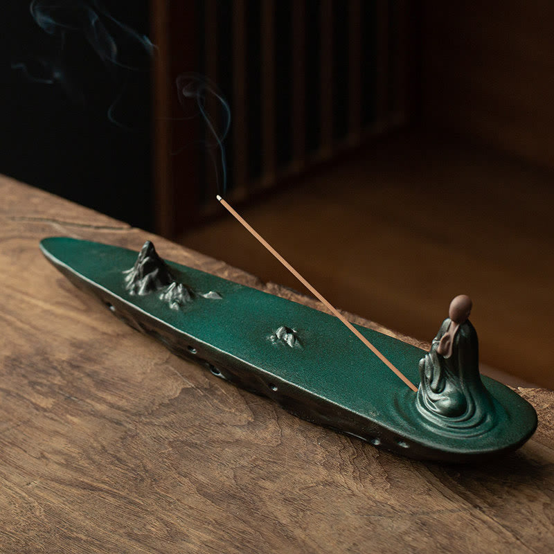 Quemador de incienso de cerámica con bendición de montaña, ola de mar, monje Buda, decoración