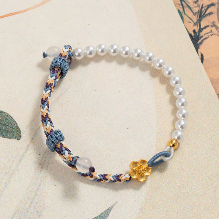 Pulsera de cuerda curativa de calcedonia con perlas de flor de melocotón de plata de ley 925 con Buddha Stones