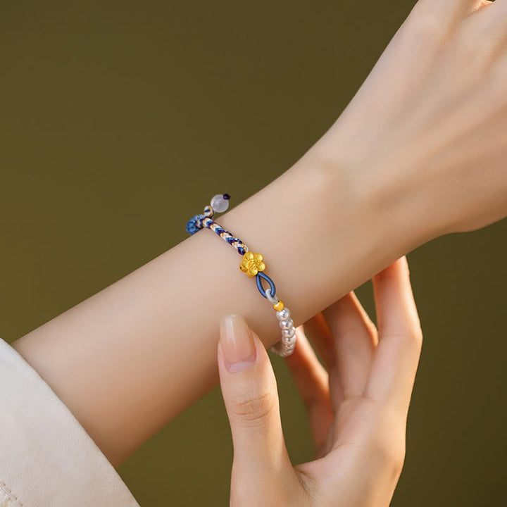 Pulsera de cuerda curativa de calcedonia con perlas de flor de melocotón de plata de ley 925 con Buddha Stones
