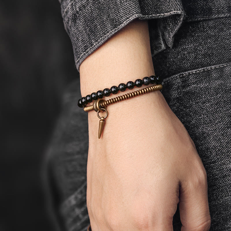 Pulsera de doble capa curativa de paz interior de cobre obsidiana arcoíris con Buddha Stones