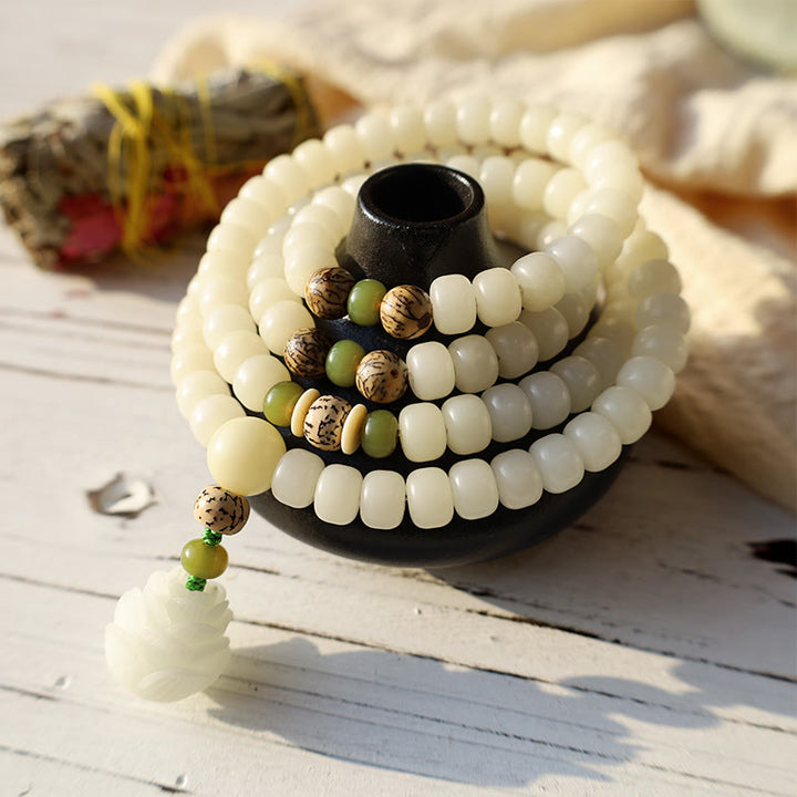 Buddha Stones Jade Blanco Bodhi Lotus Mala Armonía Collar Pulsera