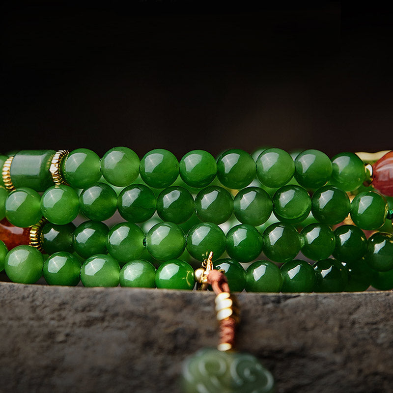 Buddha Stones 108 cuentas Mala cian Jade ágata roja pulsera de la suerte de Buda sonriente