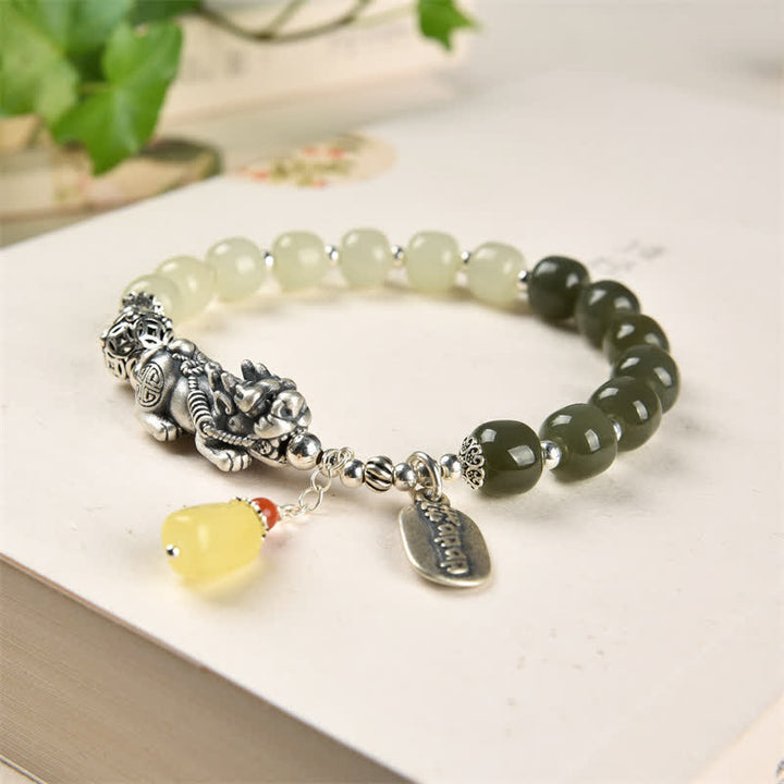 Pulsera de la suerte PiXiu de ámbar y jade hetiano natural de plata de ley 925