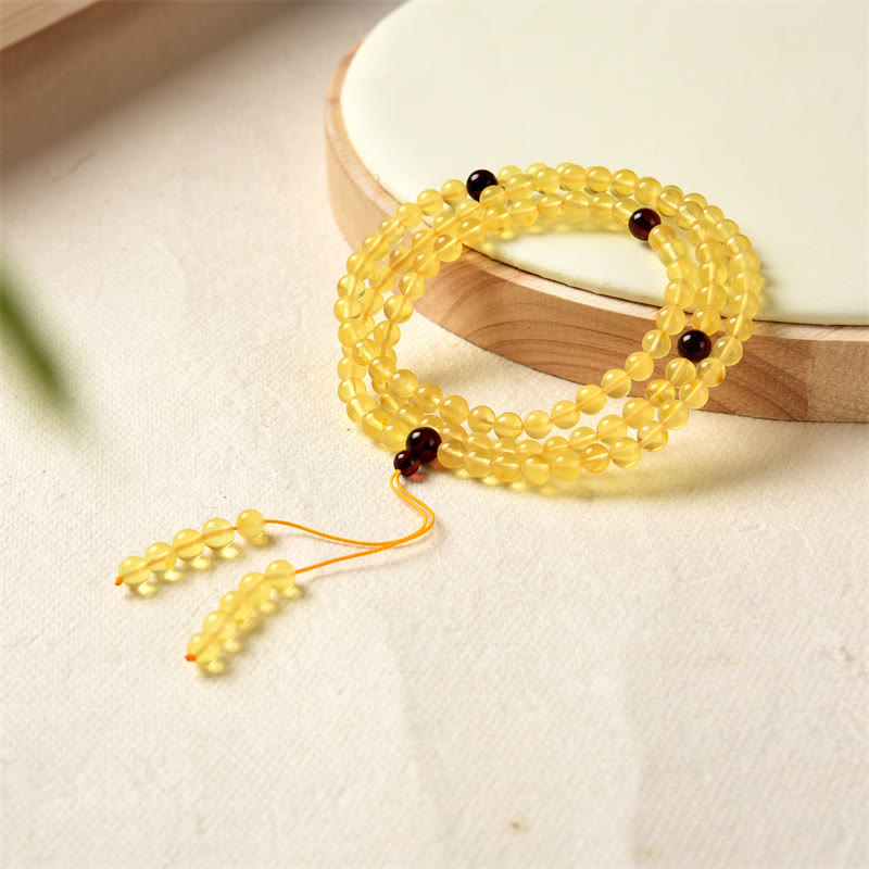 Pulsera de ansiedad transparente con Buddha Stones , 108 cuentas de Mala, ámbar Natural