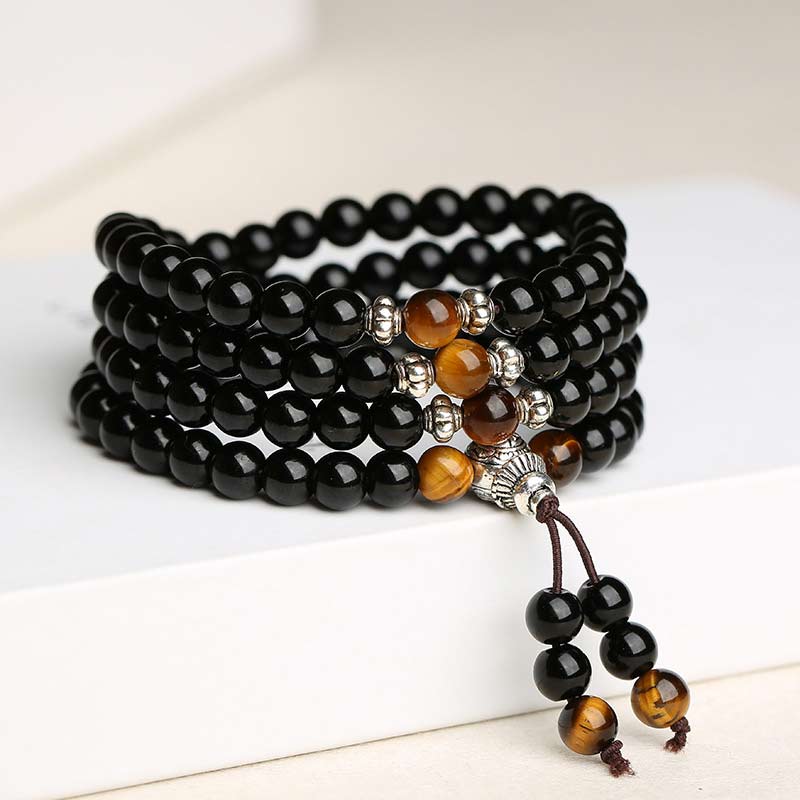 Pulsera Mala con bendición de ojo de tigre de obsidiana negra con Buddha Stones
