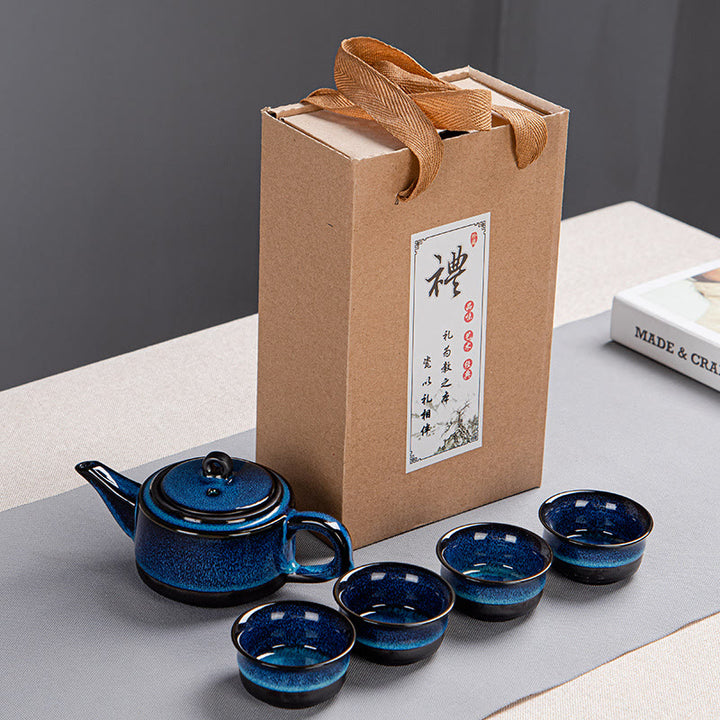 Juego de caja con bolsa de regalo portátil, tetera de cerámica de té Gongfu chino, Color degradado en azul, Buddha Stones