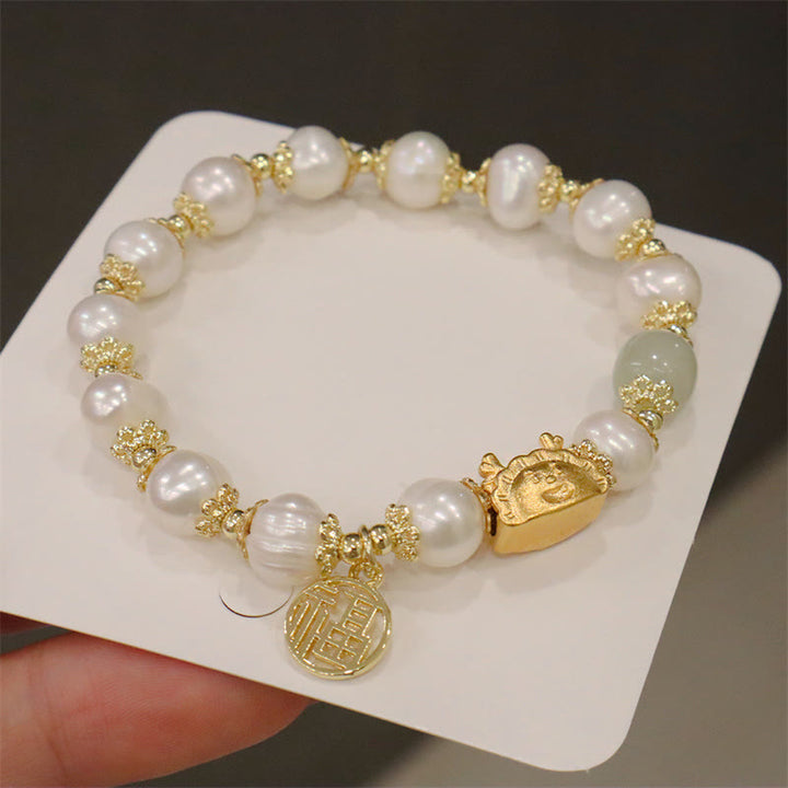 Buddha Stones Año del Dragón Ágata roja Cuarzo fresa Obsidiana negra Jade Granate Perla Cinabrio Bola de masa Dragón Suerte Fu Pulsera con personajes - Perla (circunferencia de la muñeca 14-19 cm) - image 28