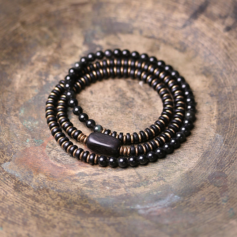 Pulsera de triple envoltura curativa de cobre y madera de ébano, obsidiana arcoíris con Buddha Stones