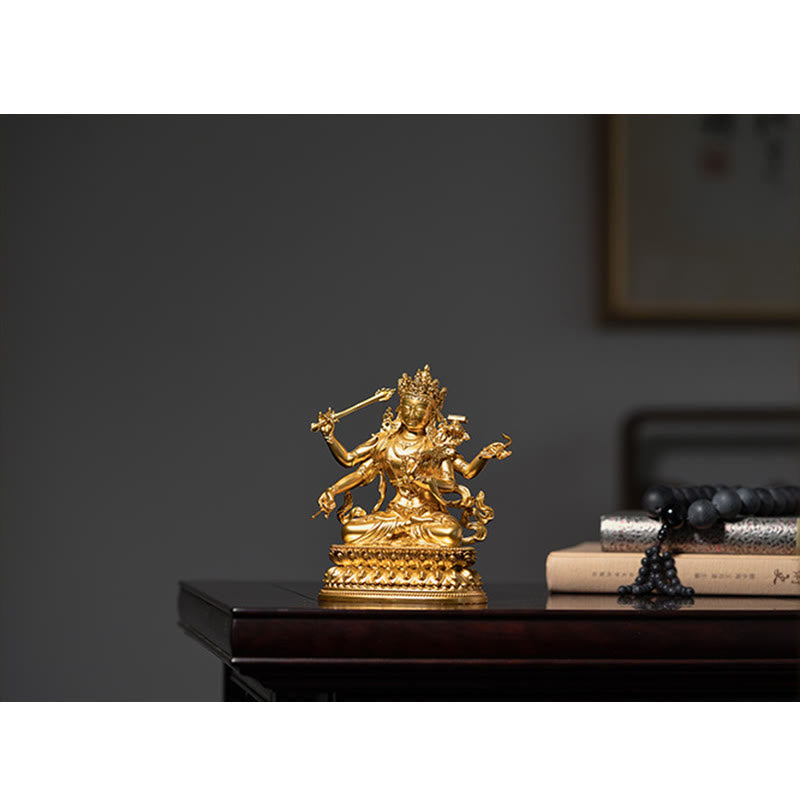 Estatuilla de oro Manjusri Bodhisattva de cuatro brazos, estatua de cobre de serenidad y compasión, decoración del hogar