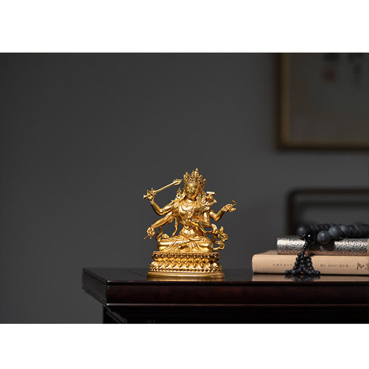 Estatuilla de oro Manjusri Bodhisattva de cuatro brazos, estatua de cobre de serenidad y compasión, decoración del hogar