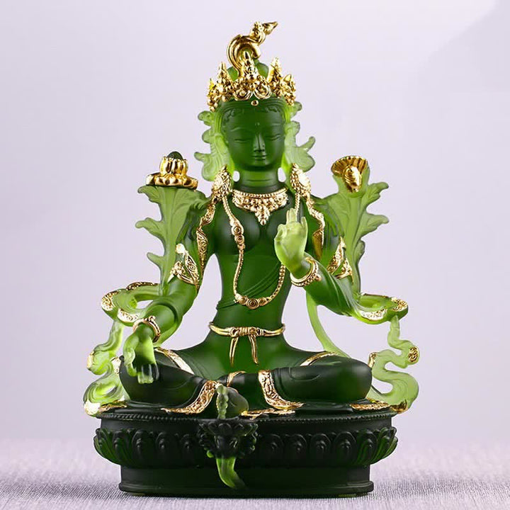 Bodhisattva Tara Verde hecho a mano Liuli Crystal Art Piece Protección Hogar Oficina Estatua Decoración