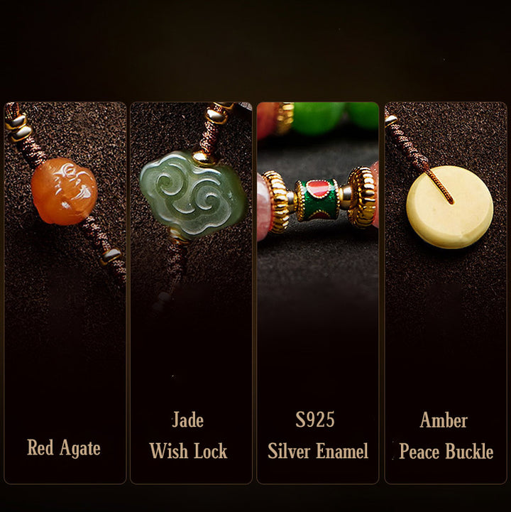 Buddha Stones 108 cuentas Mala cian Jade ágata roja pulsera de la suerte de Buda sonriente