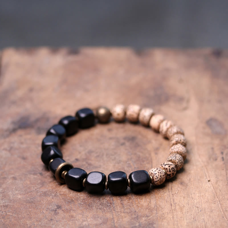 Pulsera de paz de cobre y madera de ébano, obsidiana negra, semilla de Bodhi tibetana, Buddha Stones
