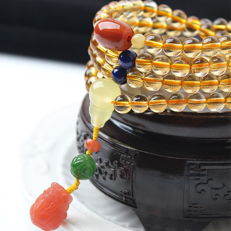 108 cuentas de Mala, citrino Natural, ámbar, hebilla de la paz, ágata roja, pulsera de protección PiXiu