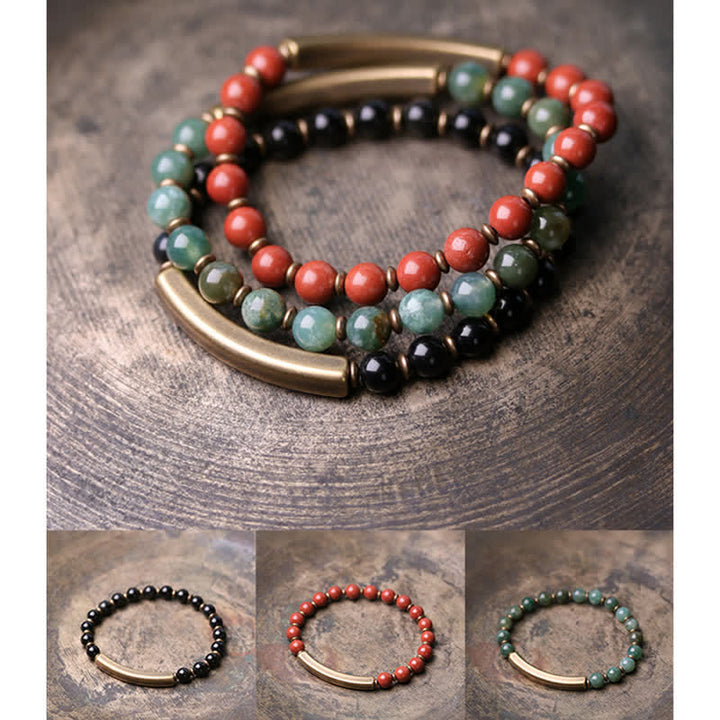 Pulsera de pareja de paz con Buddha Stones, jaspe rojo, ágata de musgo, cristal de obsidiana negra, cobre