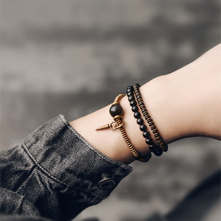 Pulsera de triple envoltura curativa de cobre y madera de ébano, obsidiana arcoíris con Buddha Stones