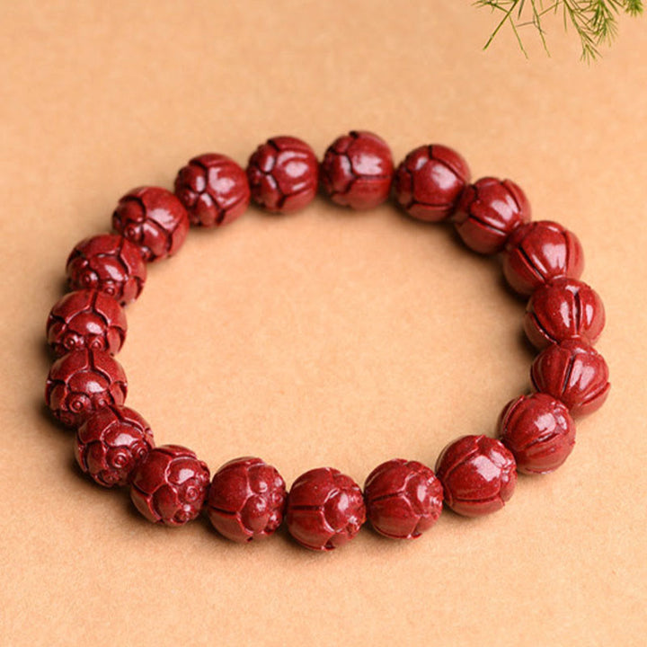 Pulsera de bendición de loto con patrón de traste Om Mani Padme Hum de cinabrio Natural con Buddha Stones