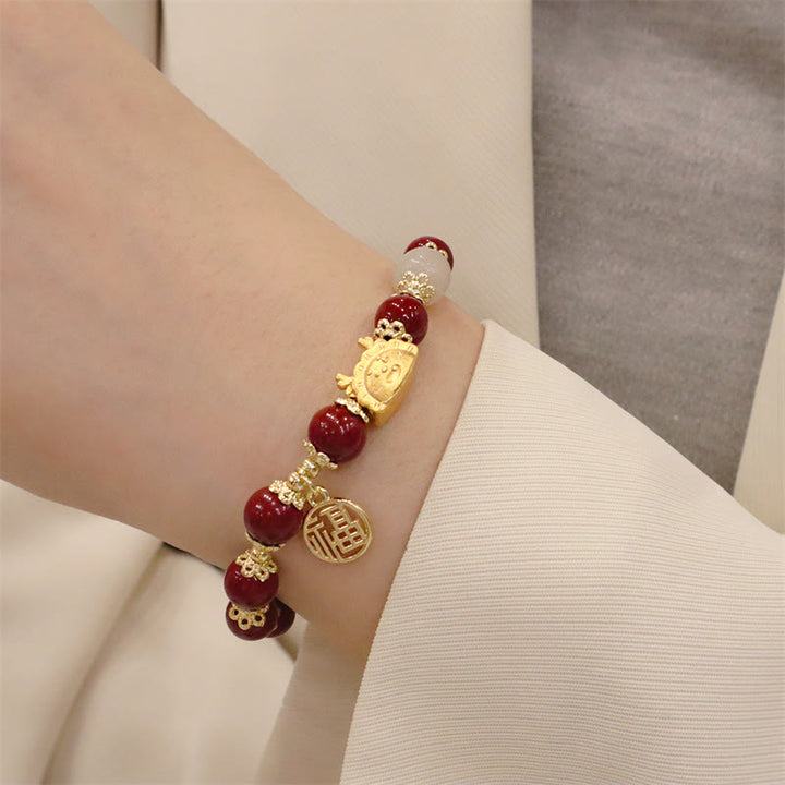 Buddha Stones Año del Dragón Ágata roja Cuarzo fresa Obsidiana negra Jade Granate Perla Cinabrio Bola de masa Dragón Suerte Fu Pulsera con personajes - image 34