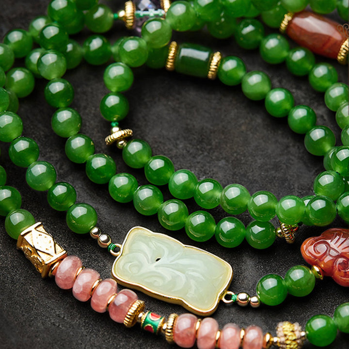 Buddha Stones 108 cuentas Mala cian Jade ágata roja pulsera de la suerte de Buda sonriente