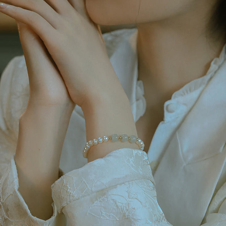 Pulsera de cadena de cuentas de sinceridad de jade blanco de jade cian hetiano de perlas naturales chapadas en oro de 14 quilates