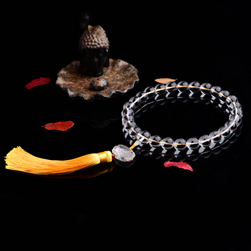 Decoración de coche Mala de bolsillo con borlas de meditación Mala de muñeca de loto de cristal blanco Natural