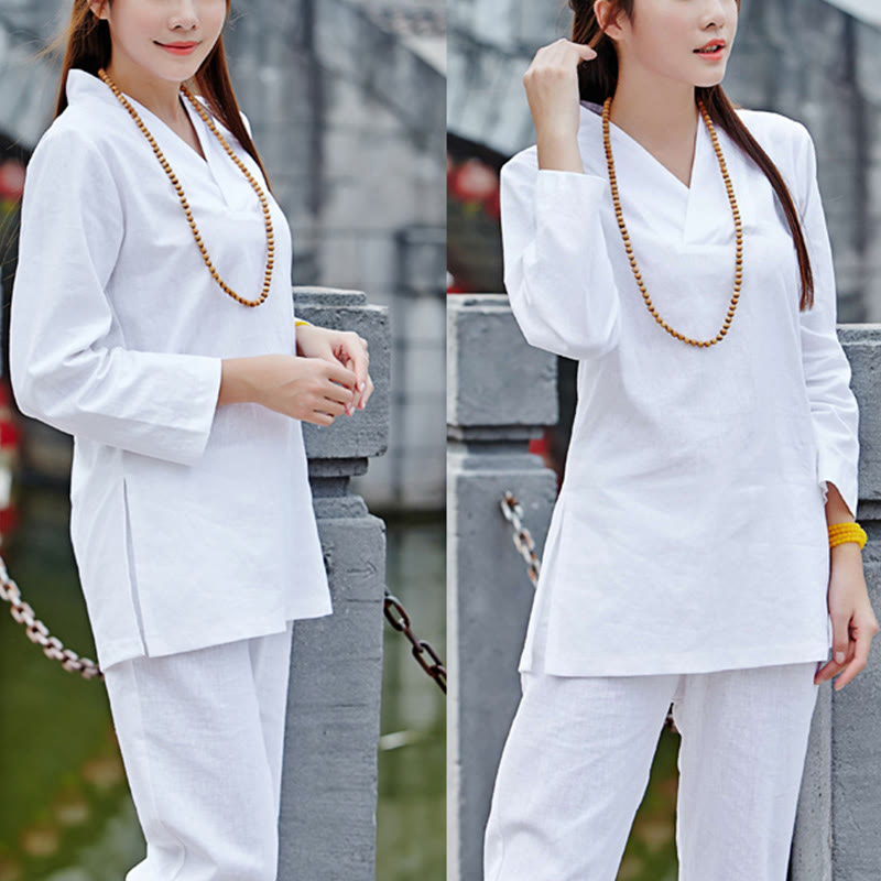 Conjunto de ropa de lino y algodón para mujer, uniforme con diseño de Buddha Stones, práctica Zen, Yoga, meditación, oración, cuello en V - Blanco - US6,UK/AU10,EU38 (2XL) - image 16