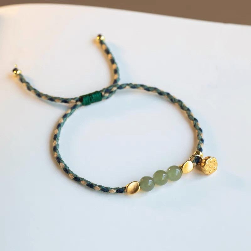 Pulsera trenzada de la suerte con dije de loto de jade hetiano hecho a mano con Buddha Stones