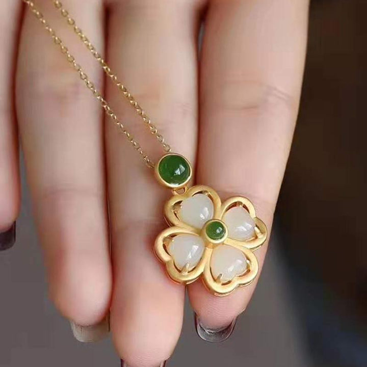 Buddha Stones de plata de ley 925, colgante de cadena con trébol de cuatro hojas de la suerte, Jade, prosperidad