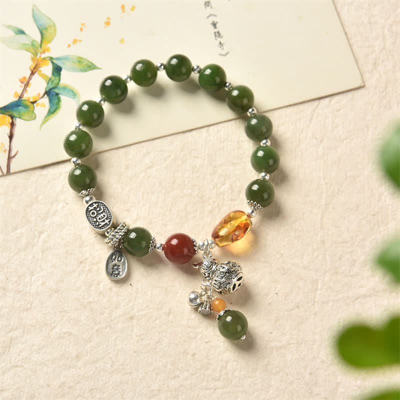 Pulsera de éxito de ámbar y calabaza de jade cian hetiano de plata de ley 925