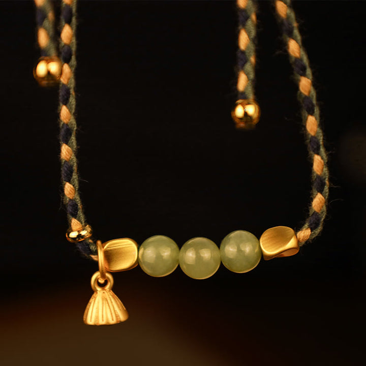 Pulsera trenzada de la suerte con dije de loto de jade hetiano hecho a mano con Buddha Stones