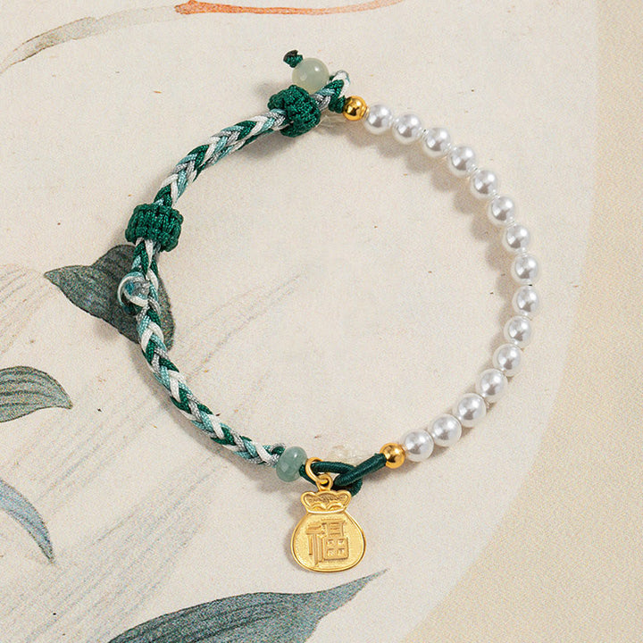 Pulsera de cuerda de sabiduría de jade hetiano con perlas de la suerte y carácter Fu de plata de ley 925 con Buddha Stones