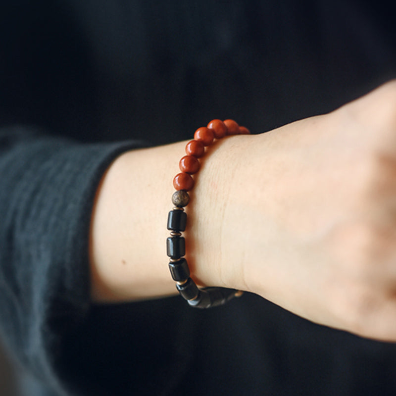 Pulsera de pareja de paz con Buddha Stones, madera de ébano, jaspe rojo, ágata de musgo, cristal, cobre
