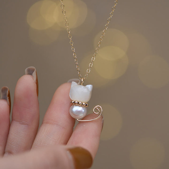 Collar con colgante de gato y gatito de la suerte, concha de jade hetiano, perla chapada en oro de 14 quilates con Buddha Stones - image 3