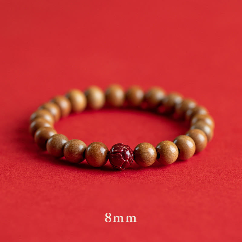 Pulsera de riqueza y suerte con Buddha Stones, madera de melocotón, loto, cinabrio