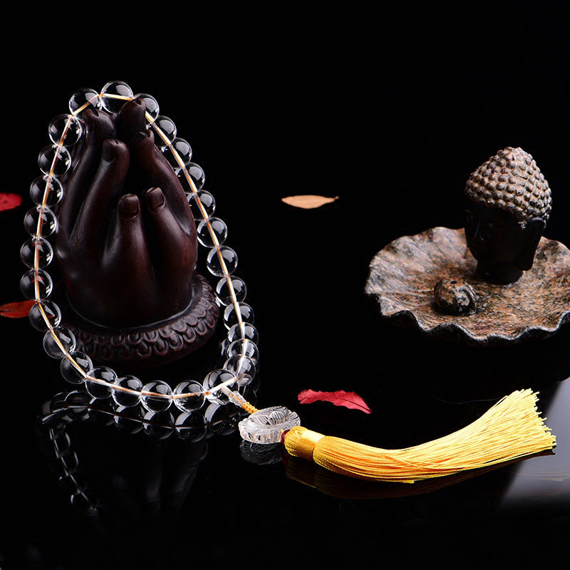 Decoración de coche Mala de bolsillo con borlas de meditación Mala de muñeca de loto de cristal blanco Natural
