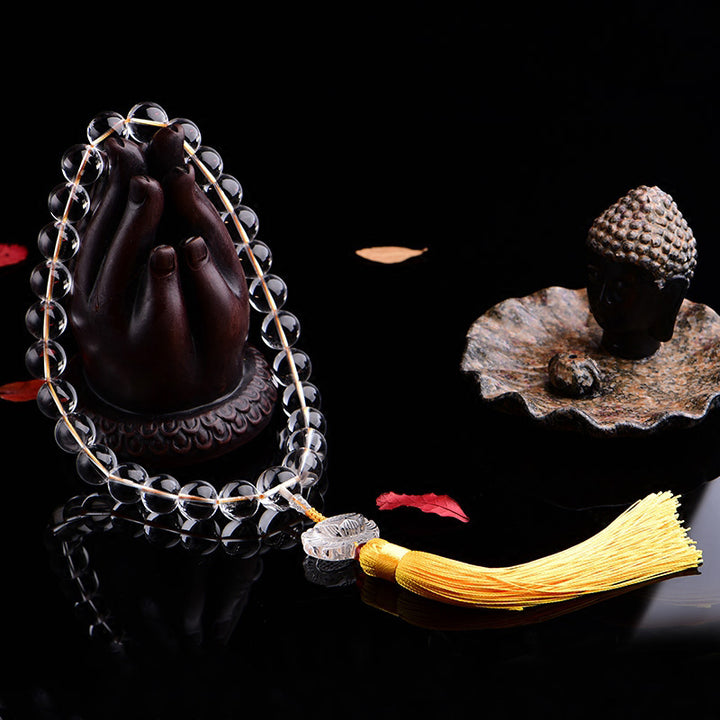 Decoración de coche Mala de bolsillo con borlas de meditación Mala de muñeca de loto de cristal blanco Natural