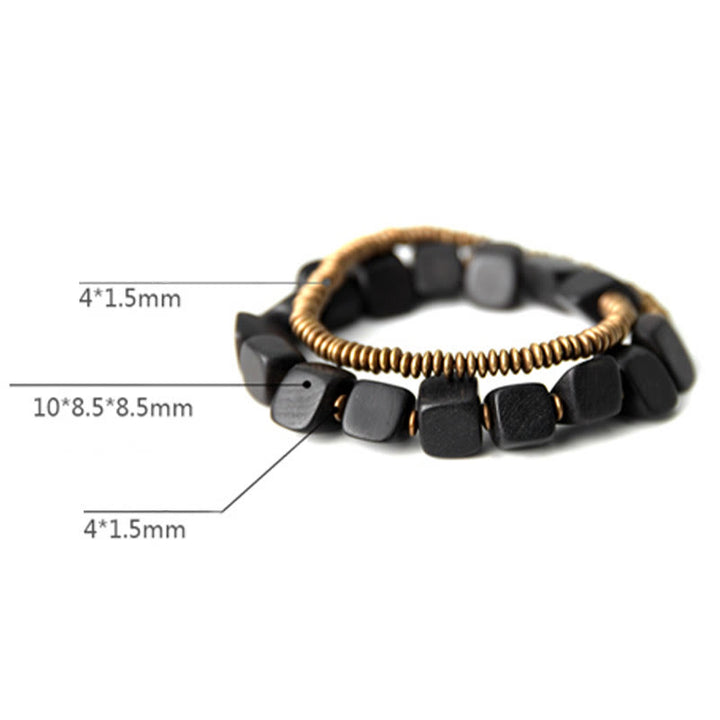 Pulsera de doble envoltura de paz de cobre y madera de ébano tibetano con Buddha Stones