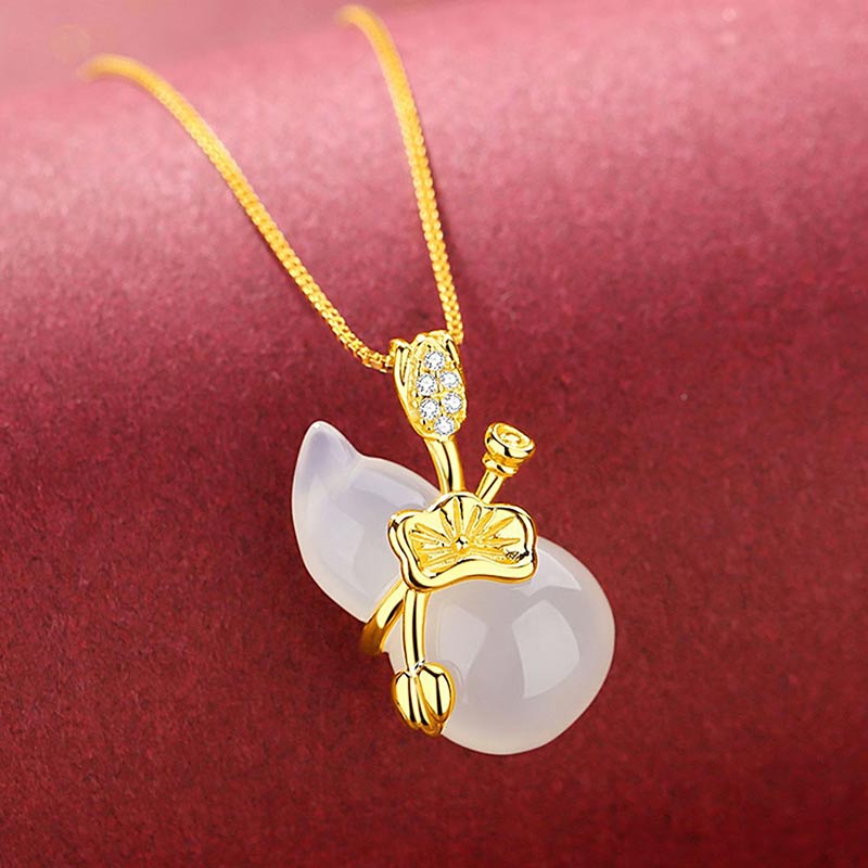 Collar con colgante de abundancia de hojas de loto y calabaza de jade cian con Buddha Stones - image 7