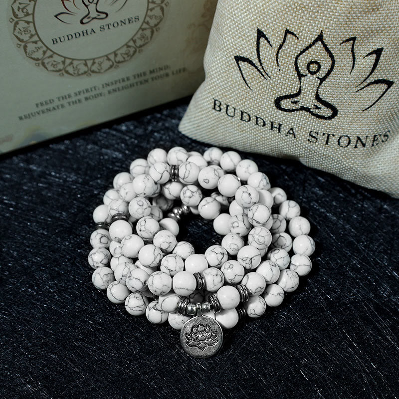 Pulsera curativa de mala de loto turquesa blanca con Buddha Stones