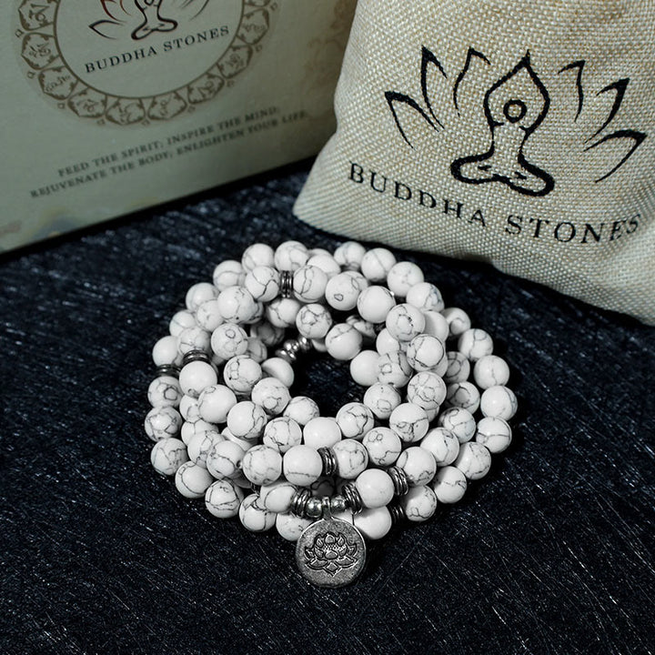 Pulsera curativa de mala de loto turquesa blanca con Buddha Stones