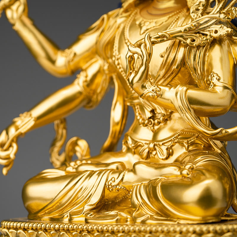Estatuilla de oro Manjusri Bodhisattva de cuatro brazos, estatua de cobre de serenidad y compasión, decoración del hogar