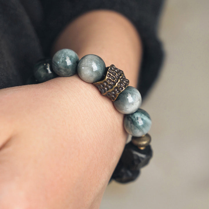 Pulsera de pareja de confianza con Buddha Stones, piedra ojo de águila, madera de ébano, cobre