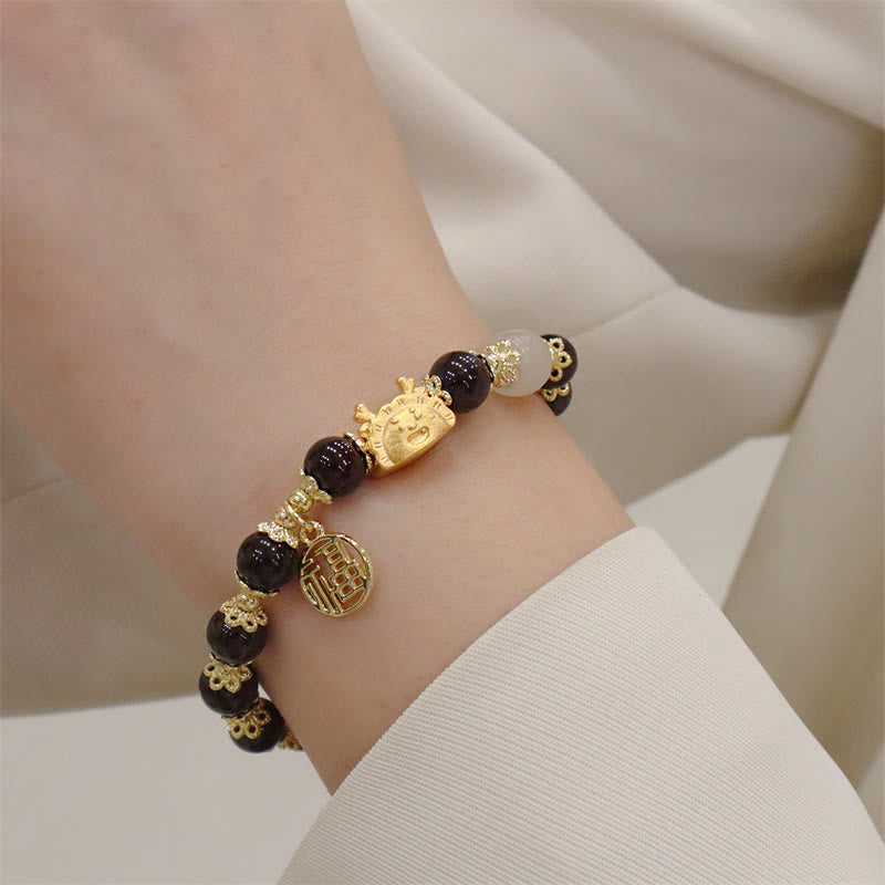 Buddha Stones Año del Dragón Ágata roja Cuarzo fresa Obsidiana negra Jade Granate Perla Cinabrio Bola de masa Dragón Suerte Fu Pulsera con personajes - image 26