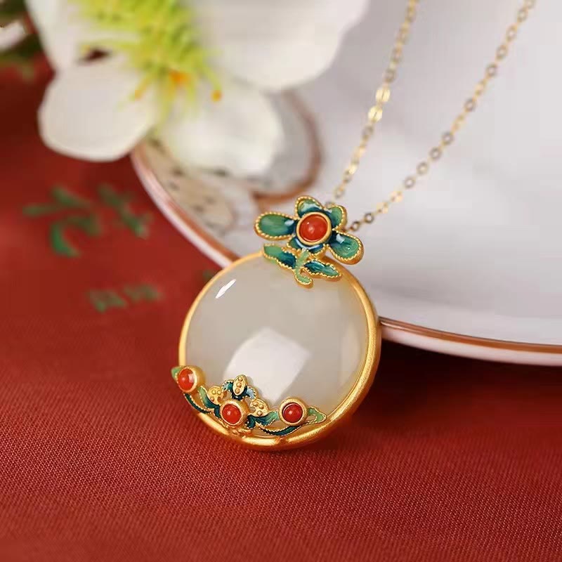 Colgante de collar de suerte con bendición de flor de ágata roja de jade blanco