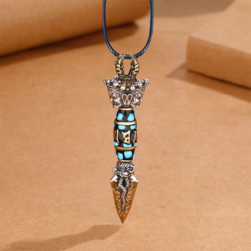 Buddha Stones Tíbet Om Mani Padme Hum Dzi cuenta Dorje Vajra patrón riqueza colgante de collar giratorio - Collar y cuerda de cuero - image 11