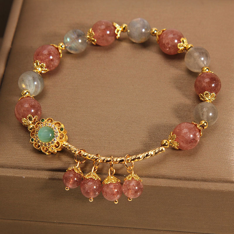 Pulsera con dije de borla curativa con piedra lunar de cuarzo fresa y Buddha Stones
