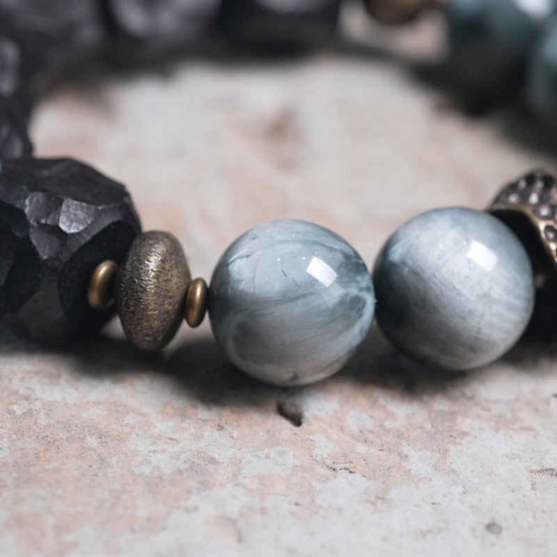 Pulsera de pareja de confianza con Buddha Stones, piedra ojo de águila, madera de ébano, cobre