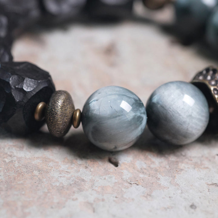 Pulsera de pareja de confianza con Buddha Stones, piedra ojo de águila, madera de ébano, cobre