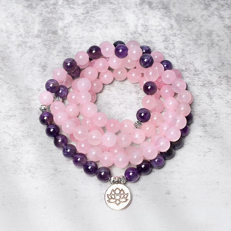 Pulsera con colgante de loto con cuentas Mala de cuarzo rosa natural y amatista con Buddha Stones